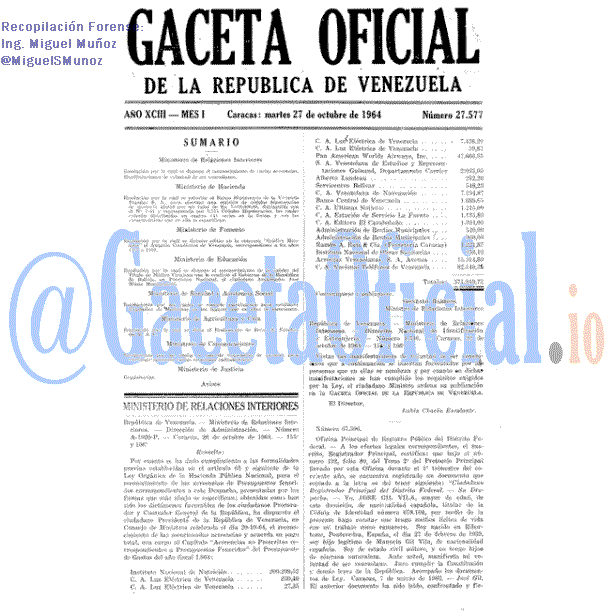 Gaceta Oficial 27577 del 27 Octubre 1964
