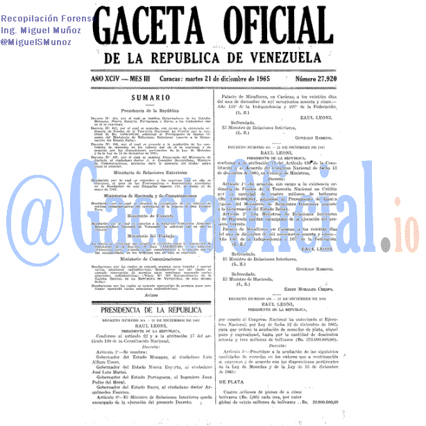 Gaceta Oficial 27920 del 21 Diciembre 1965