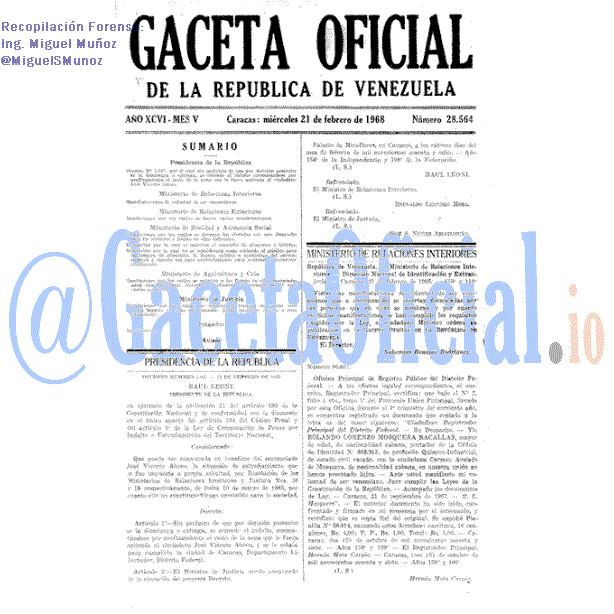 Gaceta Oficial 28564 del 21 Febrero 1968