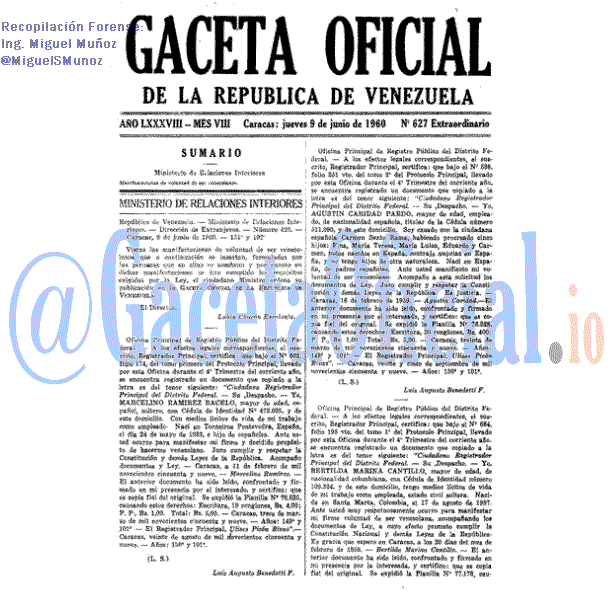 Gaceta Oficial 627 del 9 Junio 1960