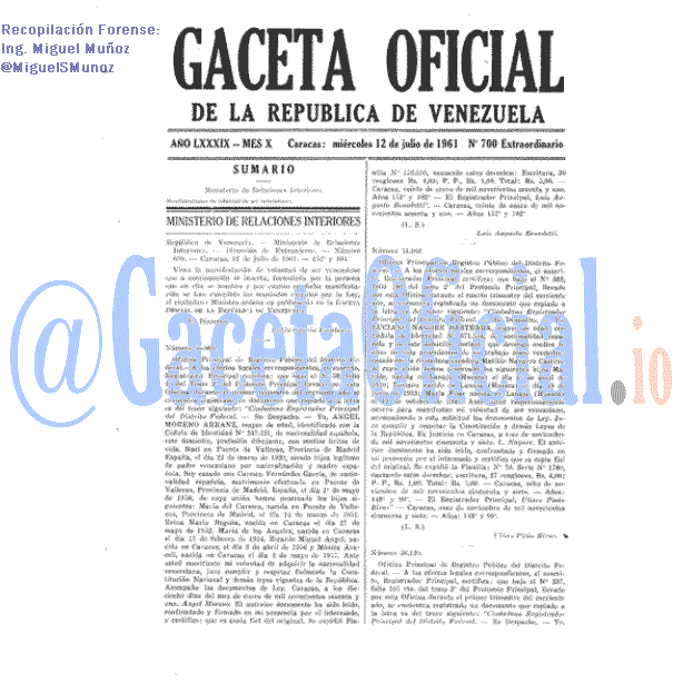 Gaceta Oficial 700 del 12 Julio 1961