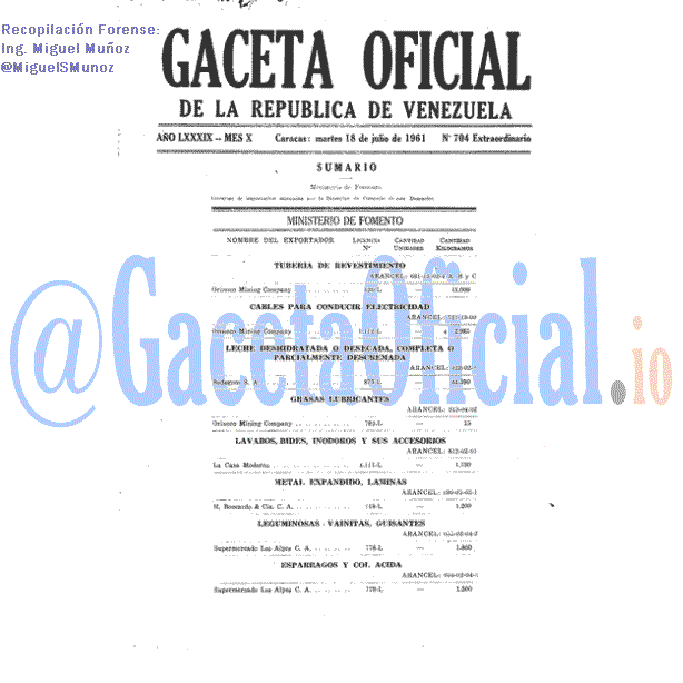 Gaceta Oficial 704 del 18 Julio 1961