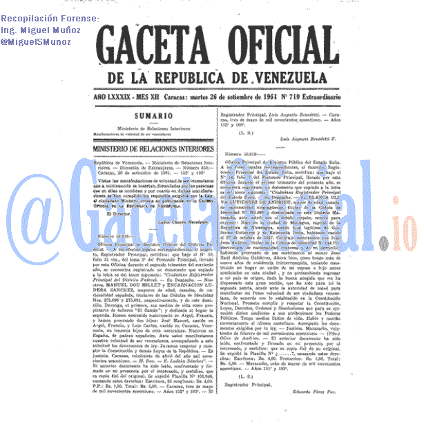Gaceta Oficial 719 del 26 Septiembre 1961