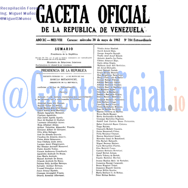 Gaceta Oficial 784 del 30 Mayo 1962