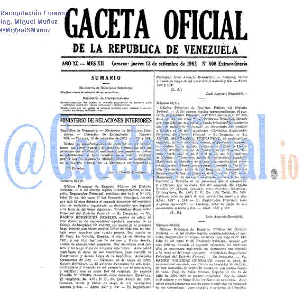 Gaceta Oficial 806 del 13 Septiembre 1962