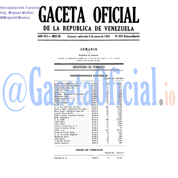 Gaceta Oficial 825 del 9 Enero 1963
