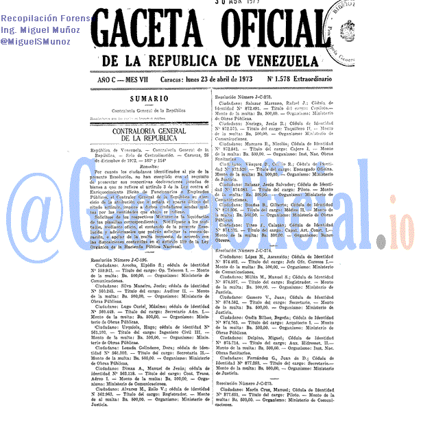 Gaceta Oficial 1578 del 23 Abril 1973
