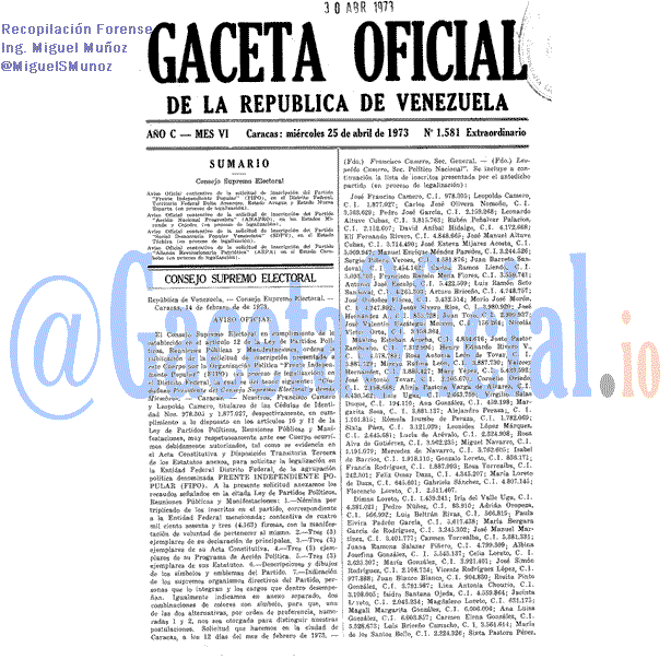 Gaceta Oficial 1581 del 25 Abril 1973