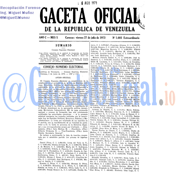 Gaceta Oficial 1603 del 27 Julio 1973