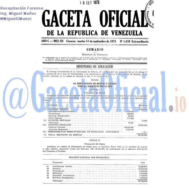 Gaceta Oficial 1610 del 11 Septiembre 1973