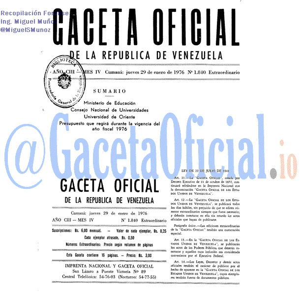 Gaceta Oficial 1840 del 29 Enero 1976