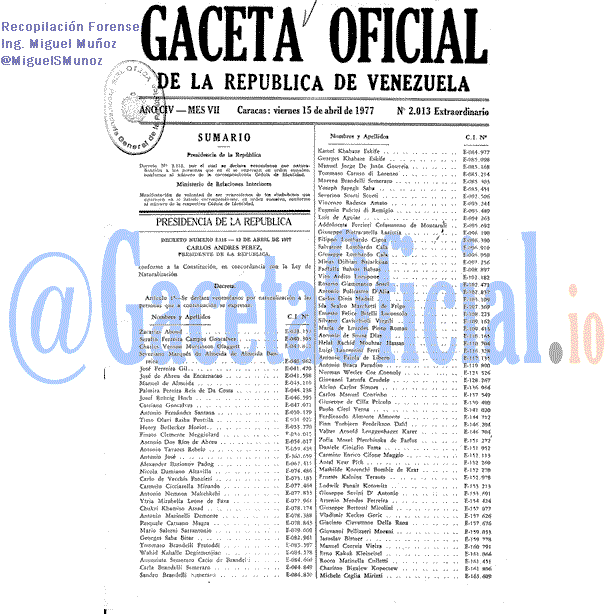 Gaceta Oficial 2013 del 15 Abril 1977