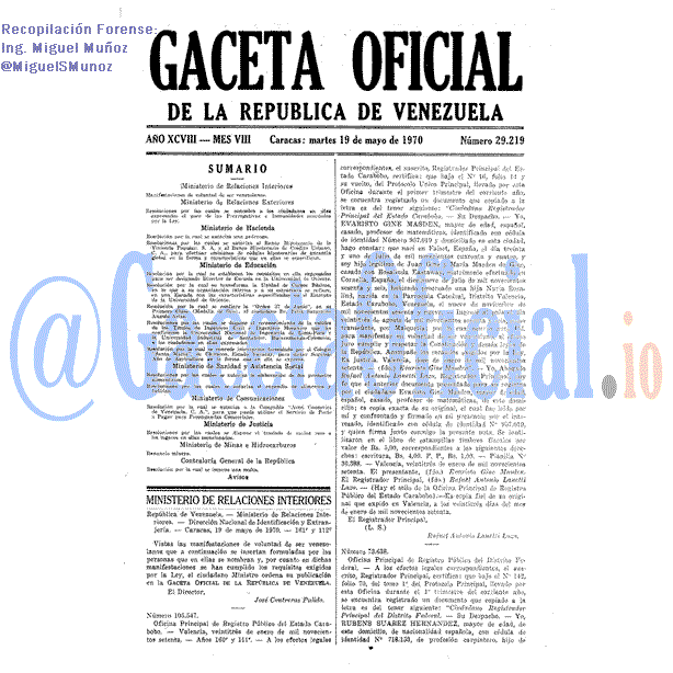 Gaceta Oficial 29219 del 19 Mayo 1970