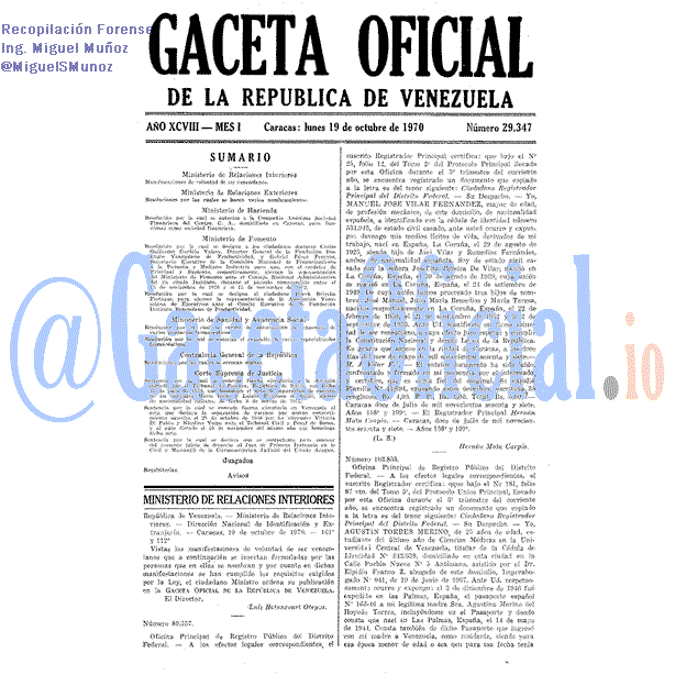 Gaceta Oficial 29347 del 19 Octubre 1970