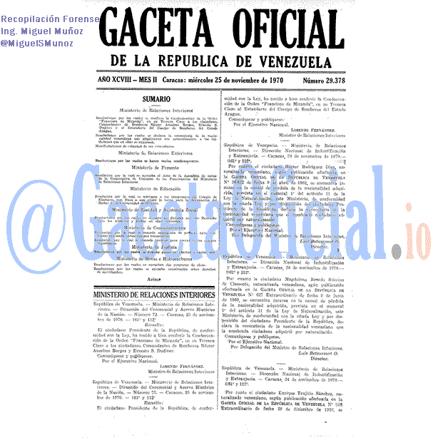 Gaceta Oficial 29378 del 25 Noviembre 1970