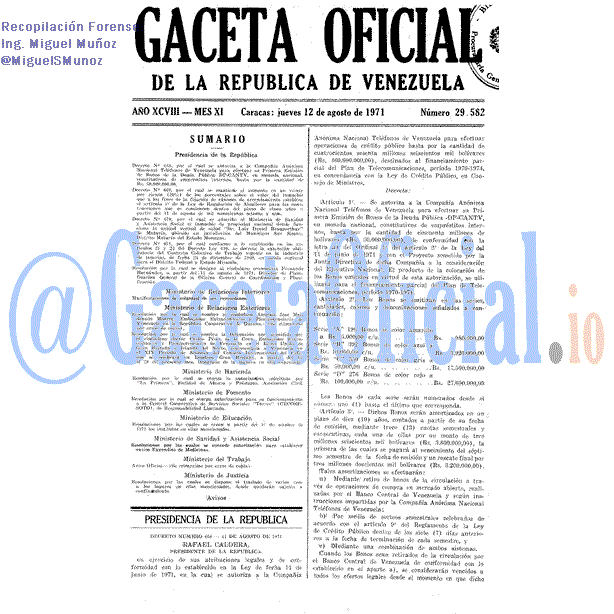 Gaceta Oficial 29582 del 12 Agosto 1971