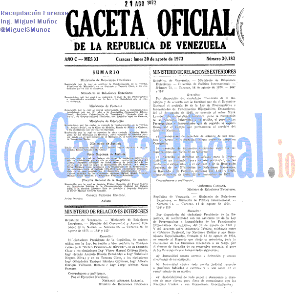 Gaceta Oficial 30183 del 20 Agosto 1973