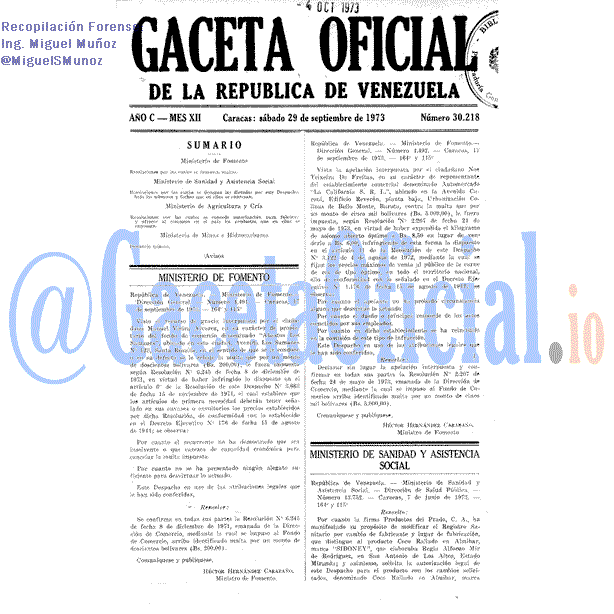 Gaceta Oficial 30218 del 29 Septiembre 1973