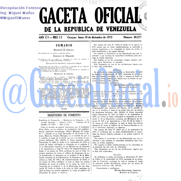 Gaceta Oficial 30277 del 10 Diciembre 1973
