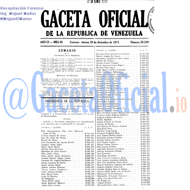 Gaceta Oficial 30290 del 28 Diciembre 1973
