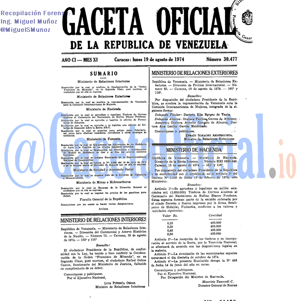 Gaceta Oficial 30477 del 19 Agosto 1974