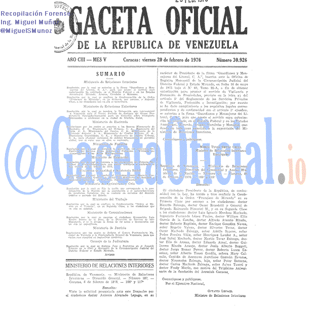Gaceta Oficial 30926 del 20 Febrero 1976