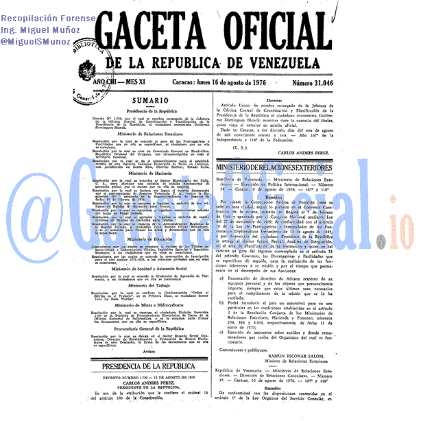 Gaceta Oficial 31046 del 16 Agosto 1976