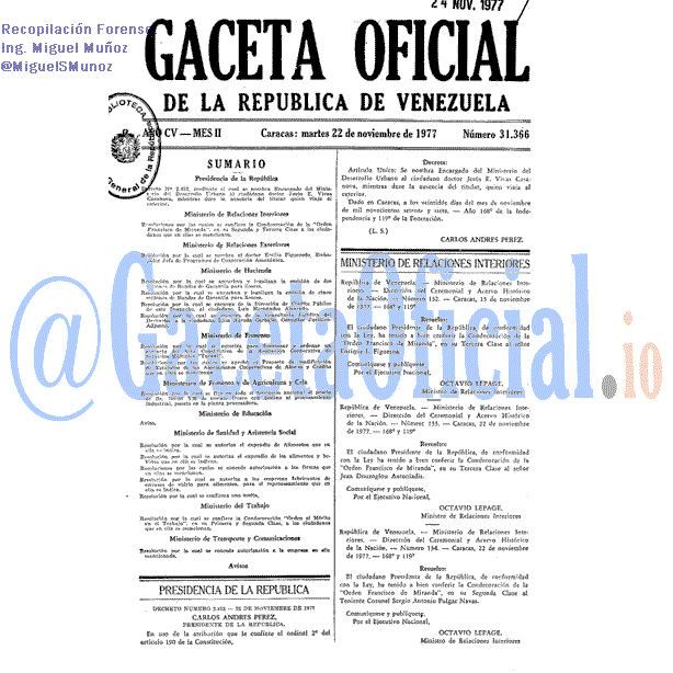 Gaceta Oficial 31366 del 22 Noviembre 1977