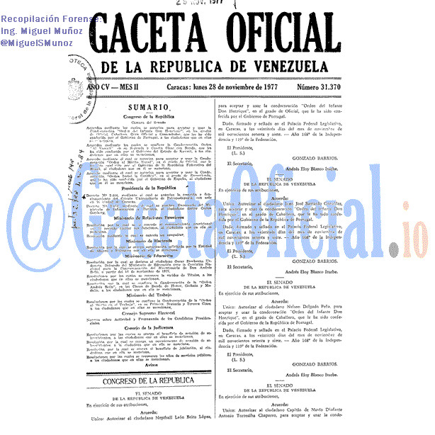 Gaceta Oficial 31370 del 28 Noviembre 1977