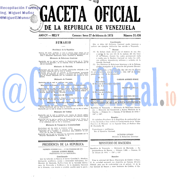 Gaceta Oficial 31436 del 27 Febrero 1978