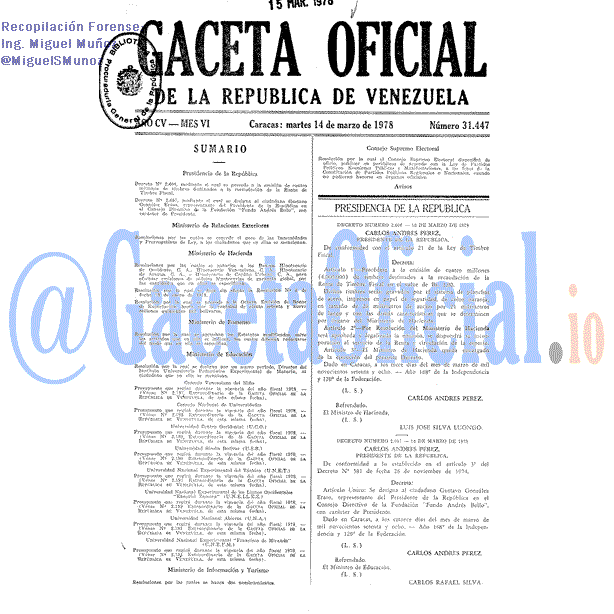 Gaceta Oficial 31447 del 14 Marzo 1978