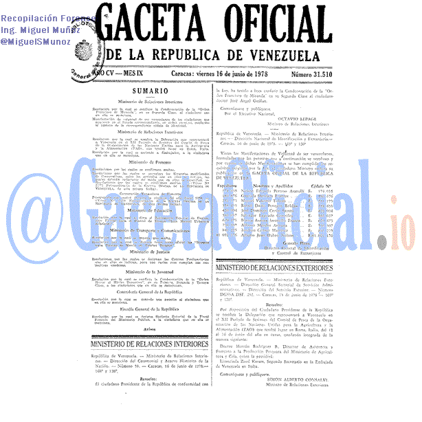 Gaceta Oficial 31510 del 16 Junio 1978