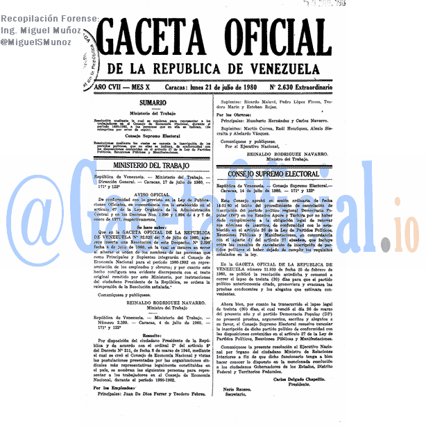 Gaceta Oficial 2630 del 21 Julio 1980
