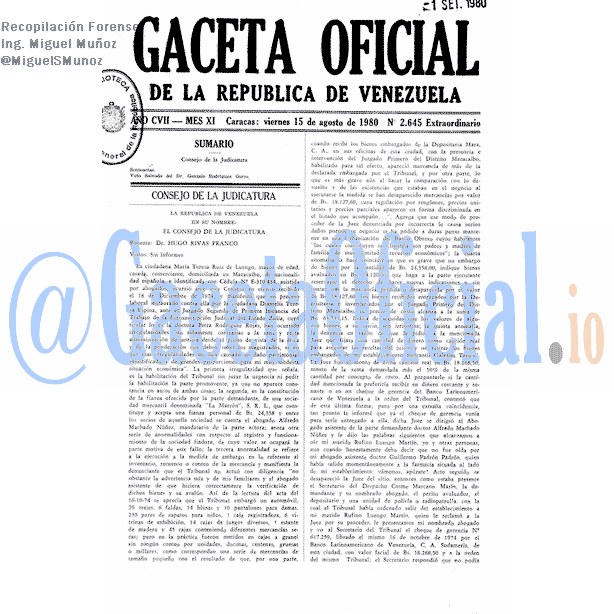 Gaceta Oficial 2645 del 15 Agosto 1980