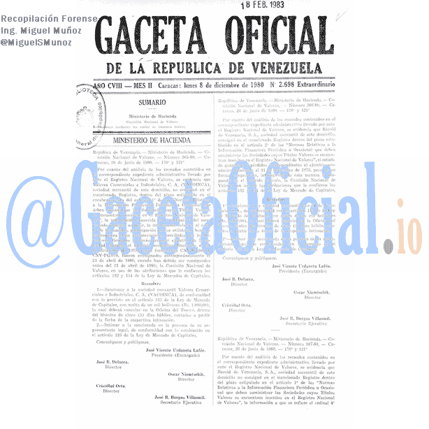 Gaceta Oficial 2698 del 8 Diciembre 1980