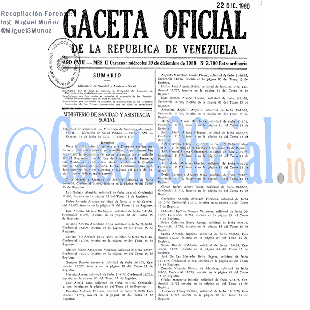 Gaceta Oficial 2700 del 10 Diciembre 1980