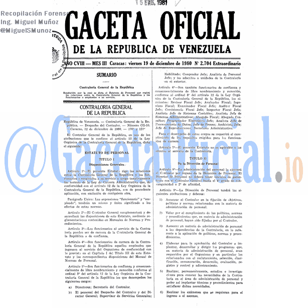 Gaceta Oficial 2704 del 19 Diciembre 1980