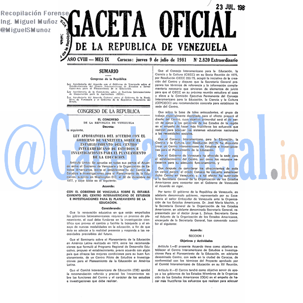 Gaceta Oficial 2820 del 9 Julio 1981