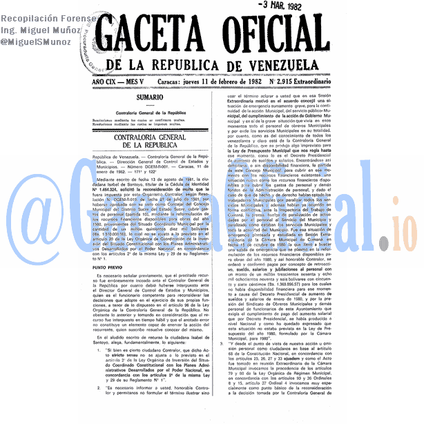 Gaceta Oficial 2915 del 11 Febrero 1982