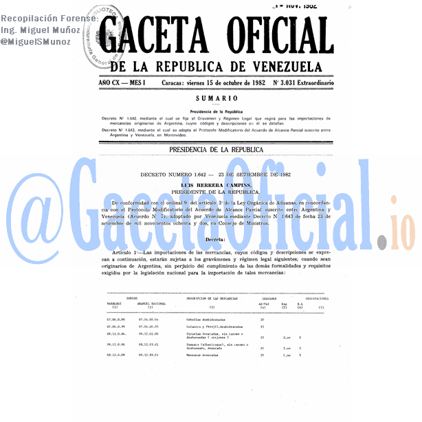 Gaceta Oficial 3031 del 15 Octubre 1982