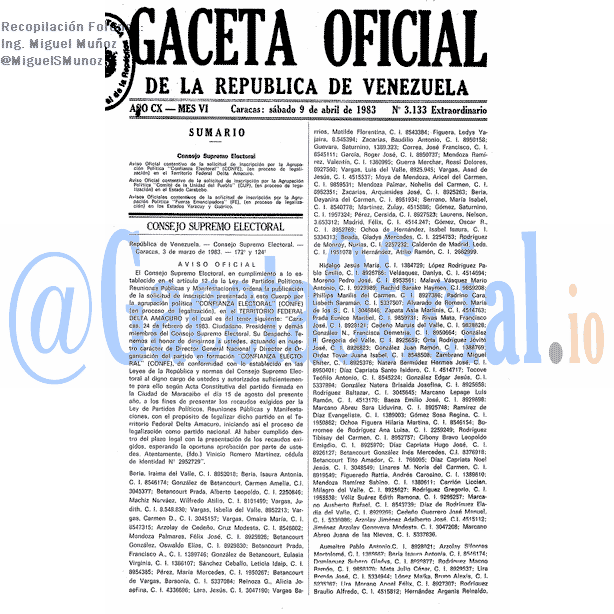 Gaceta Oficial 3133 del 9 Abril 1983