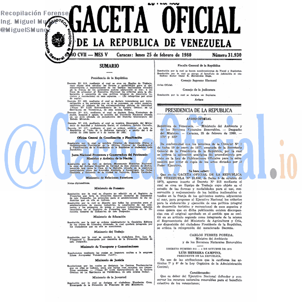Gaceta Oficial 31930 del 25 Febrero 1980