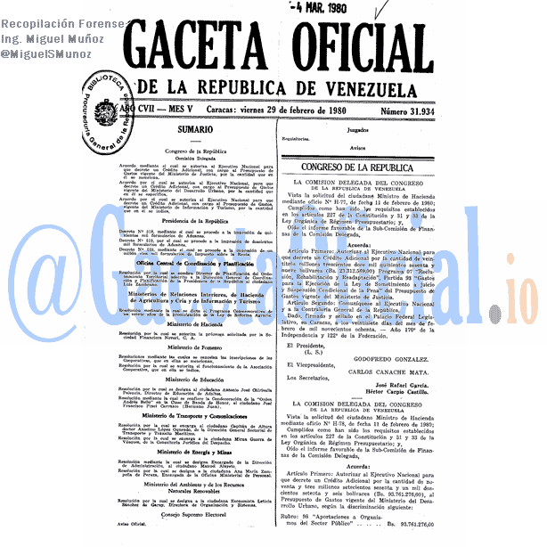 Gaceta Oficial 31934 del 29 Febrero 1980