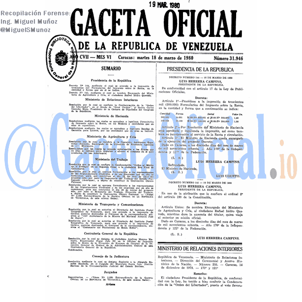 Gaceta Oficial 31946 del 18 Marzo 1980