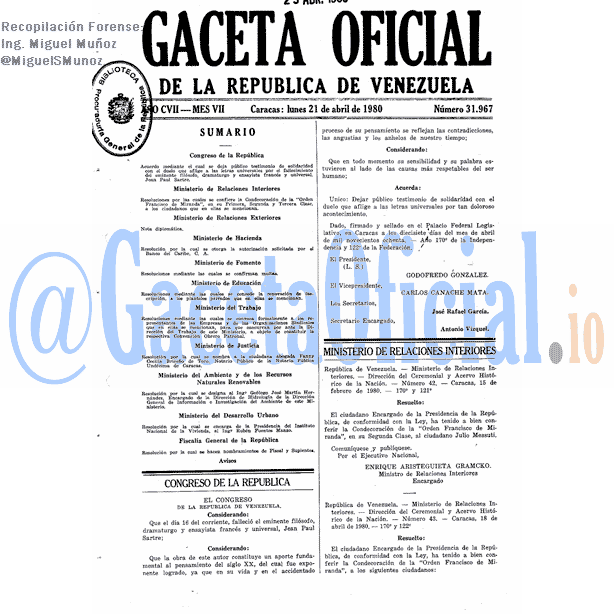 Gaceta Oficial 31967 del 21 Abril 1980
