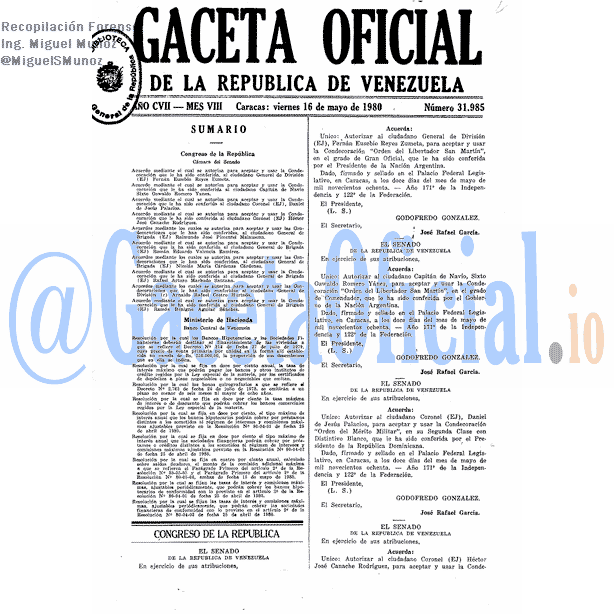 Gaceta Oficial 31985 del 16 Mayo 1980