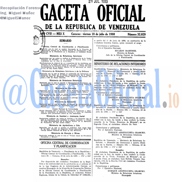 Gaceta Oficial 32029 del 18 Julio 1980