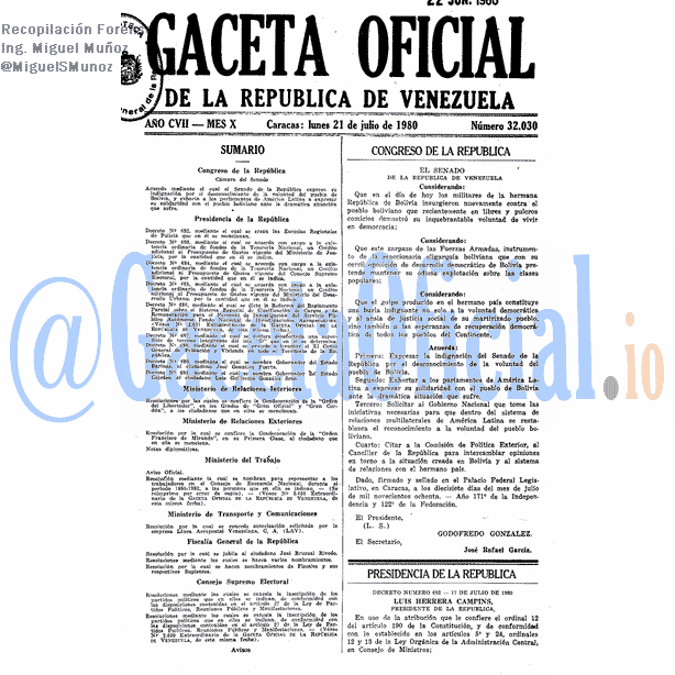 Gaceta Oficial 32030 del 21 Julio 1980