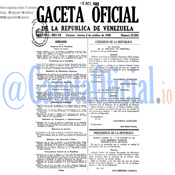 Gaceta Oficial 32082 del 3 Octubre 1980