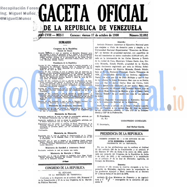 Gaceta Oficial 32092 del 17 Octubre 1980